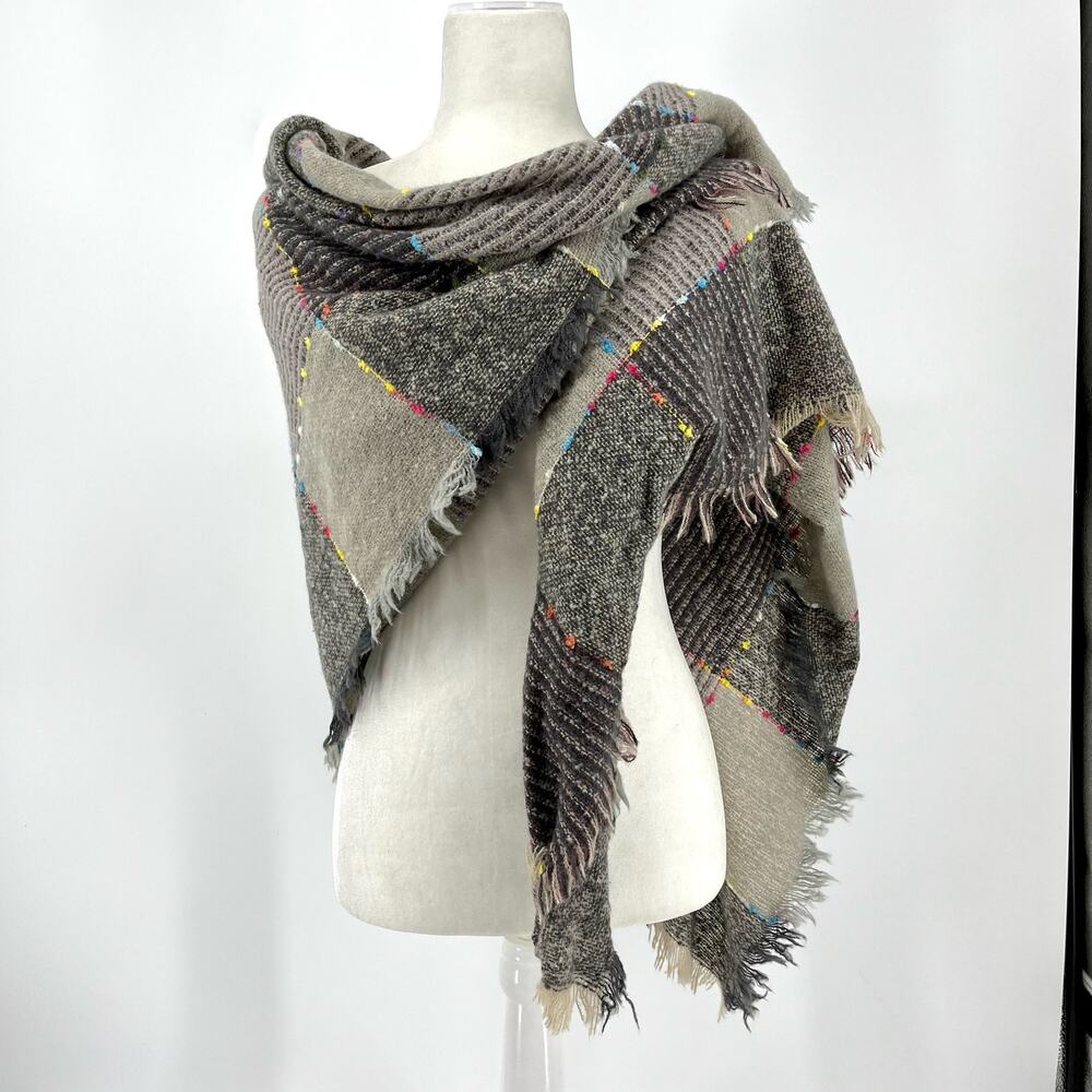 Natasha shawl throw scarf in brown gray plaid with multicolored trim